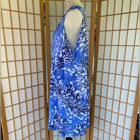 Clara Sun Woo Midi Stretch Knit Sleeveless Blue Print Swing Shift Dress SZ 1X - Picture 10 of 13